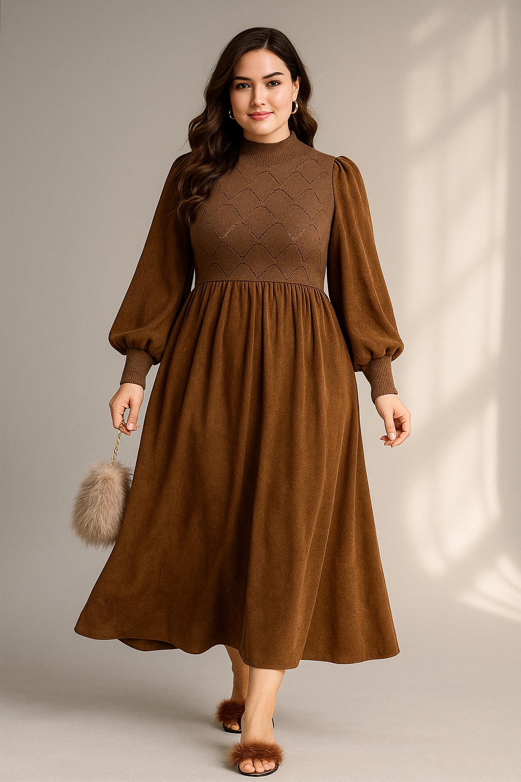 Midikleid in Schokobraun mit Strick-Oberteil und Ballonärmeln