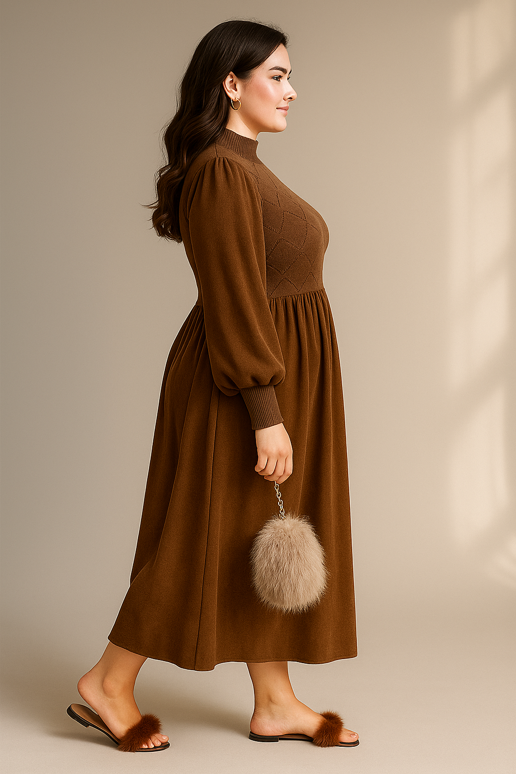 Midikleid in Schokobraun mit Strick-Oberteil und Ballonärmeln