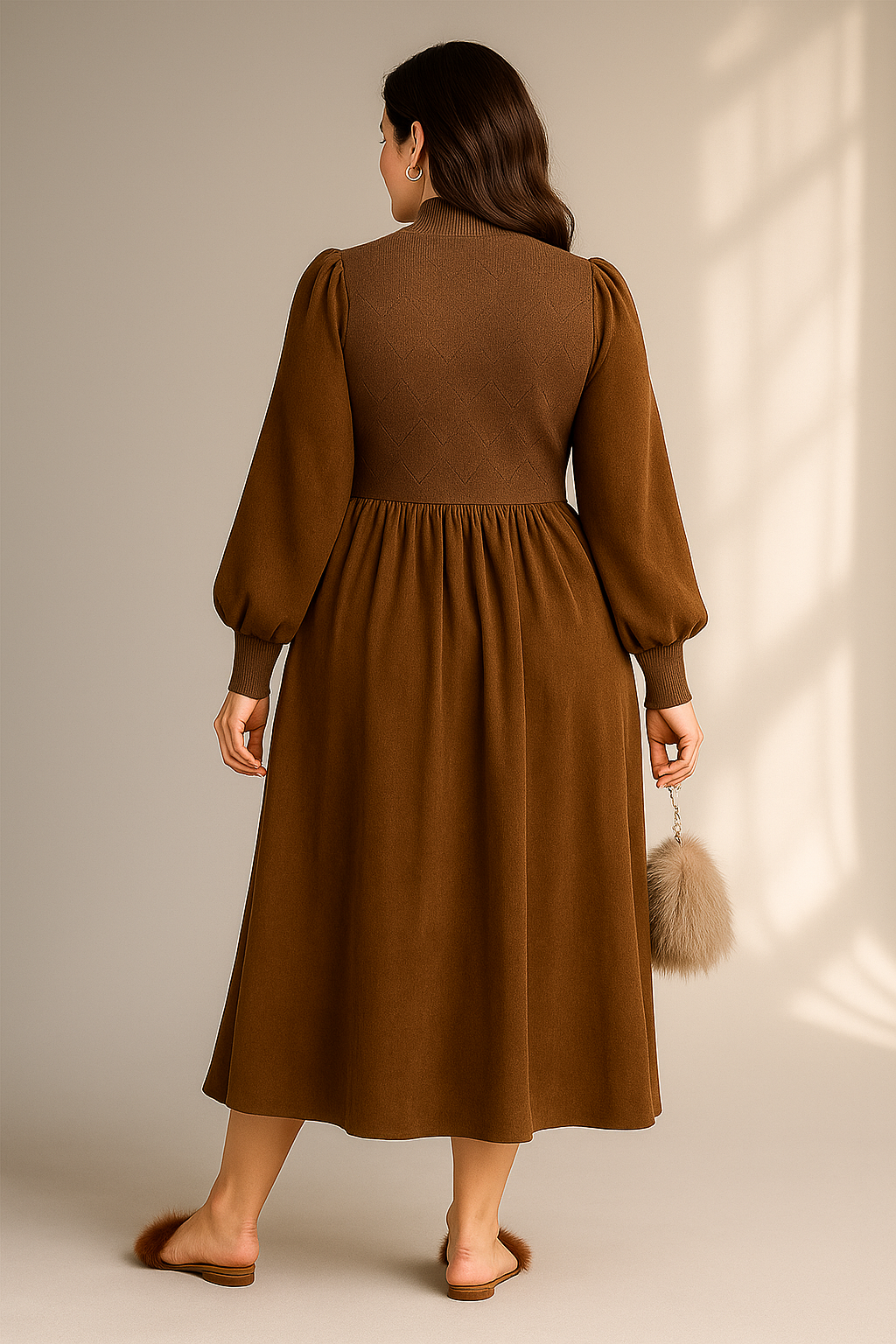 Midikleid in Schokobraun mit Strick-Oberteil und Ballonärmeln