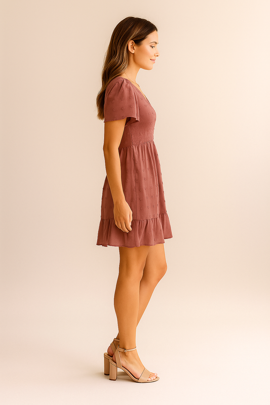 Kurzes Boho-Kleid in rosa mit Smok-Details