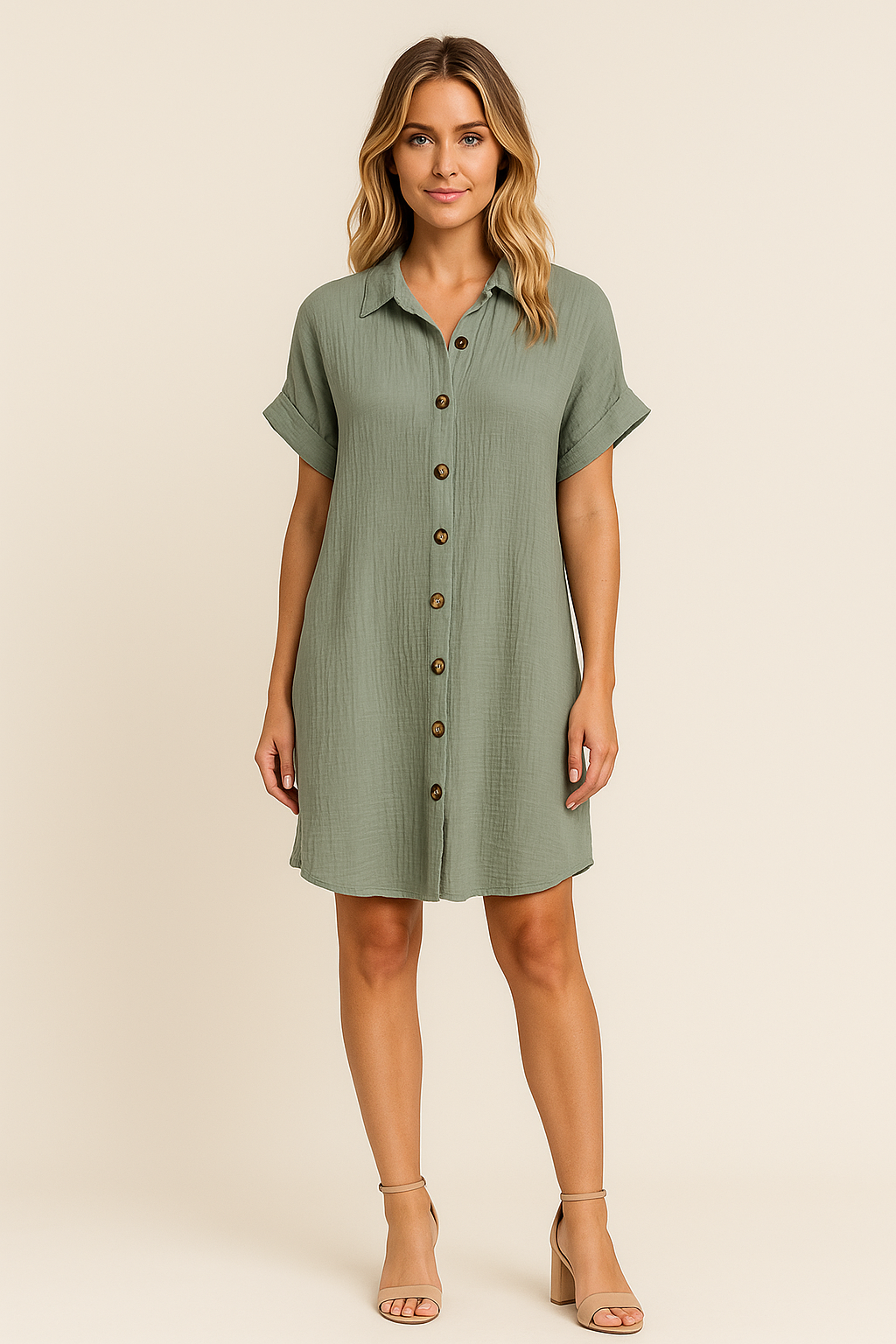 Grünes Minikleid mit Knopfleiste und kurzen Ärmeln für Damen