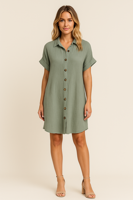 Grünes Minikleid mit Knopfleiste und kurzen Ärmeln für Damen