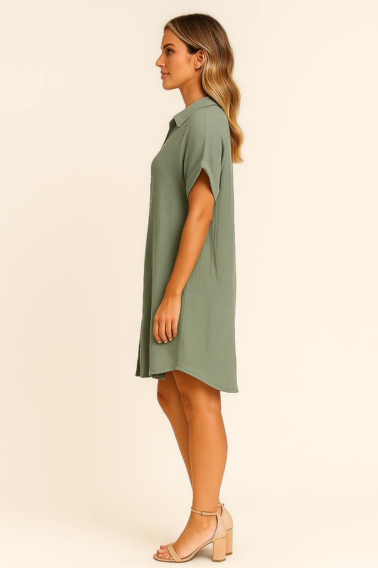 Grünes Minikleid mit Knopfleiste und kurzen Ärmeln für Damen